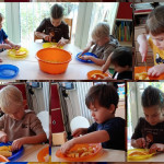 Hier wird der Kürbis für die Kürbiswaffeln geschnitten.